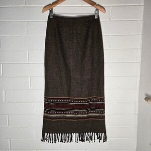 Vtg Brown Southwestern Blanket Fringe Maxi Skirt Wool Blend 4 Aztec Boho Western